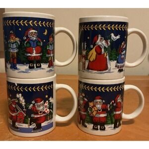 Sakura Christmas Santa Coffee Mugs Set of 4 Blue Holiday‎ Ceramic Cups